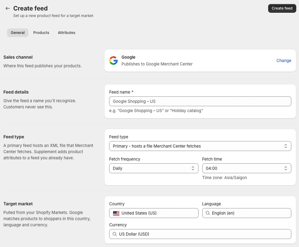General tab of a Google feed with the feed name, the Primary feed type, Fetch frequency, Fetch time and target market