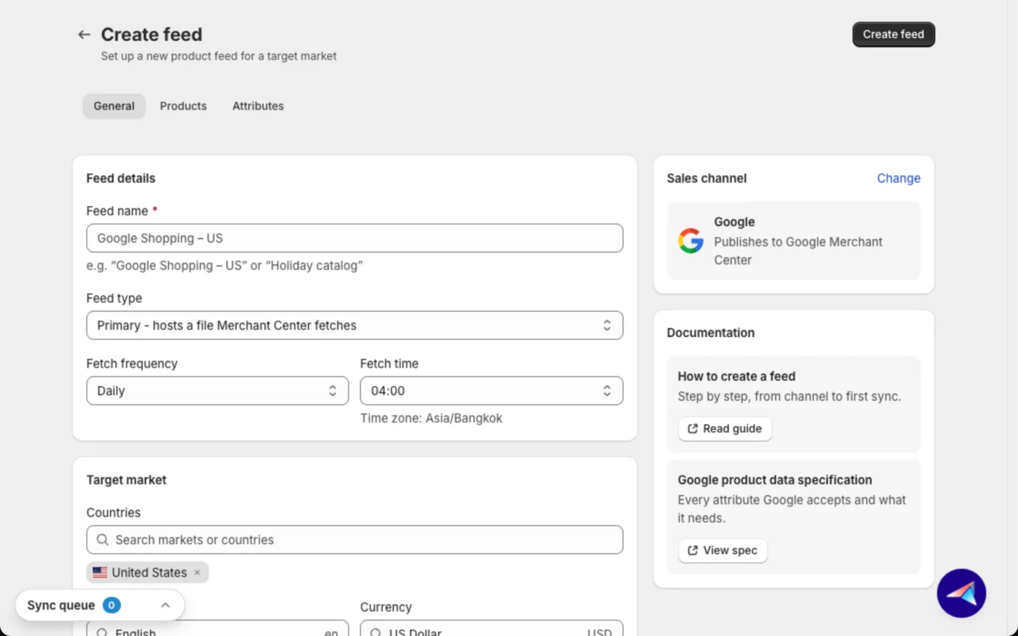 General tab of a Google feed with the Feed details and Target market cards, and the Sales channel and Documentation cards at the right