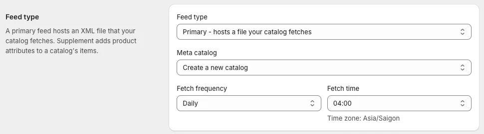 Feed type card of a Meta feed with the Meta catalog choice and the fetch schedule