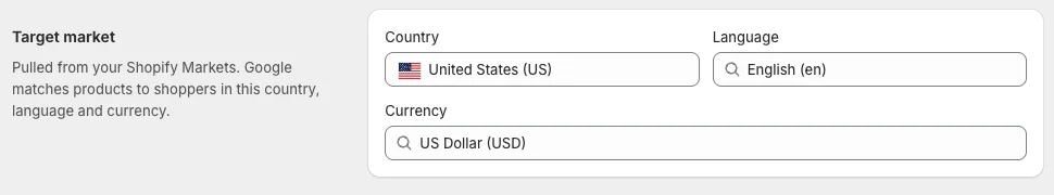 Target market section with Country, Language and Currency, each country shown with its flag