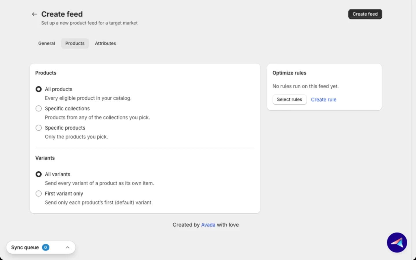 Products tab with the product and variant choices, and the Optimize rules card at the right