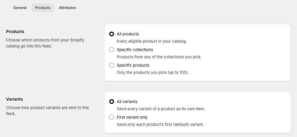 Products tab with the product and variant choices