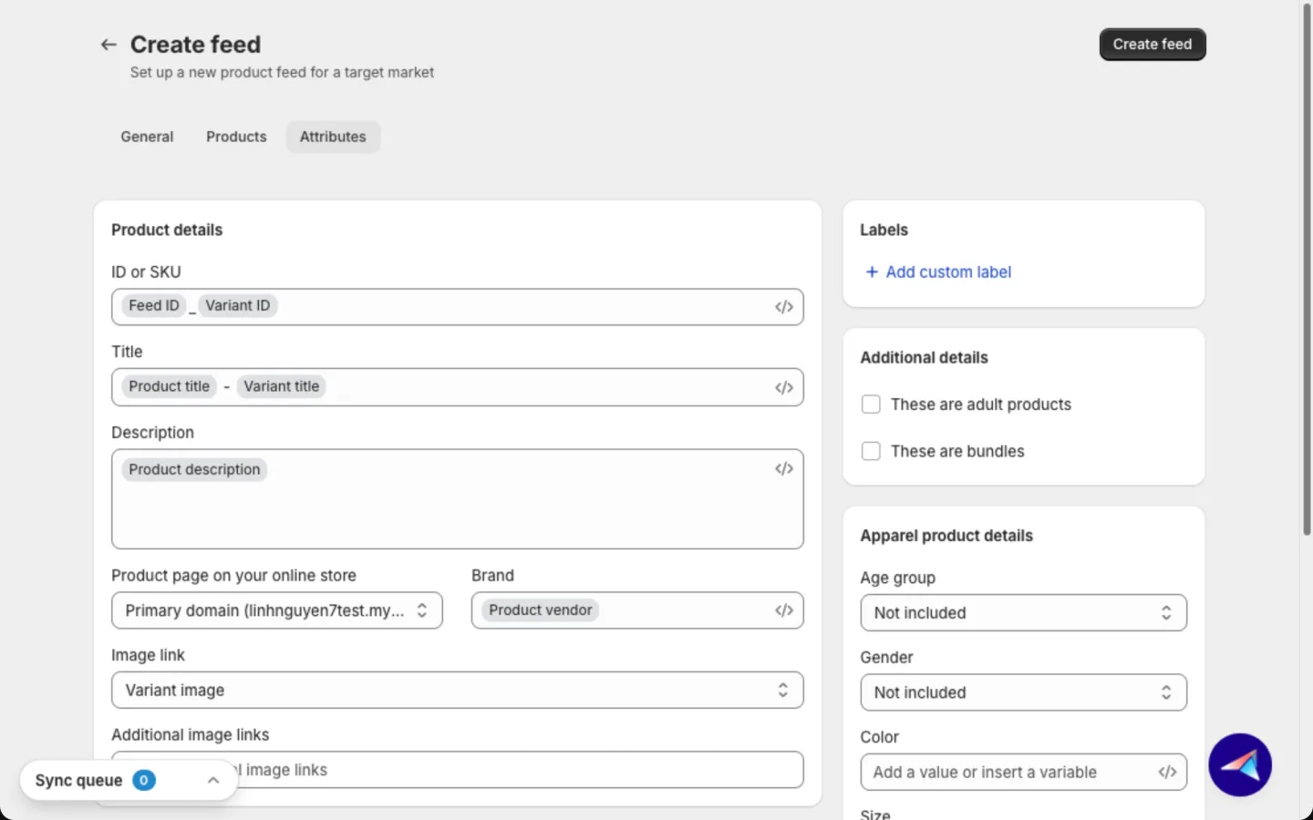 Attributes tab with Product details and Category and identifiers in the main column, and Labels, Additional details and Apparel product details at the right