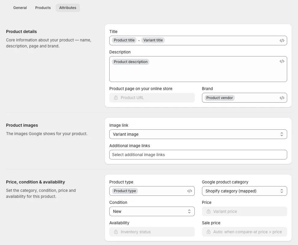 Attributes tab with the product detail groups