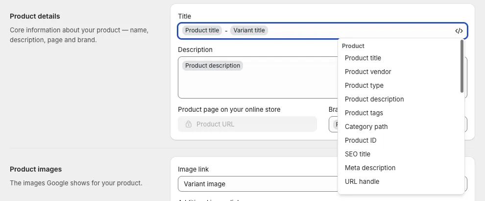 Insert variable menu open on a product detail field