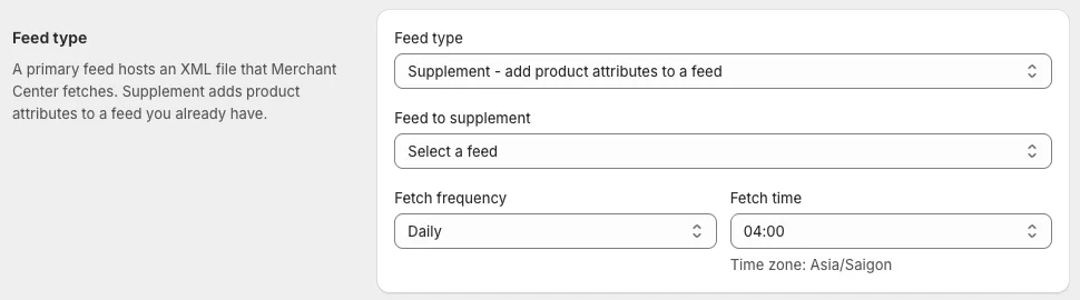 Google supplement form with Feed to supplement and its own fetch schedule