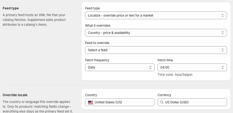 Localize feed form with What it overrides, Feed to override, the fetch schedule and Override locale