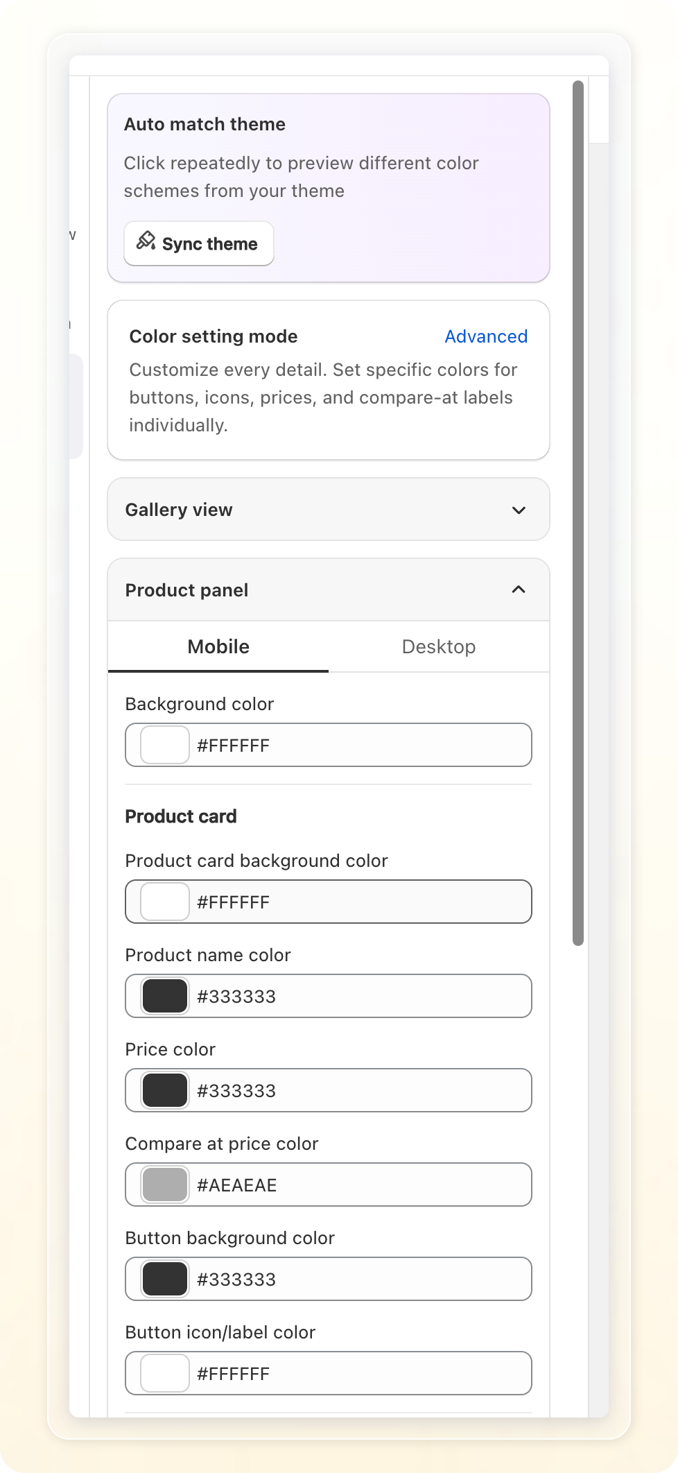 Colors setting, Product panel accordion in Advanced mode, showing Background color and the Product card sub-heading colors