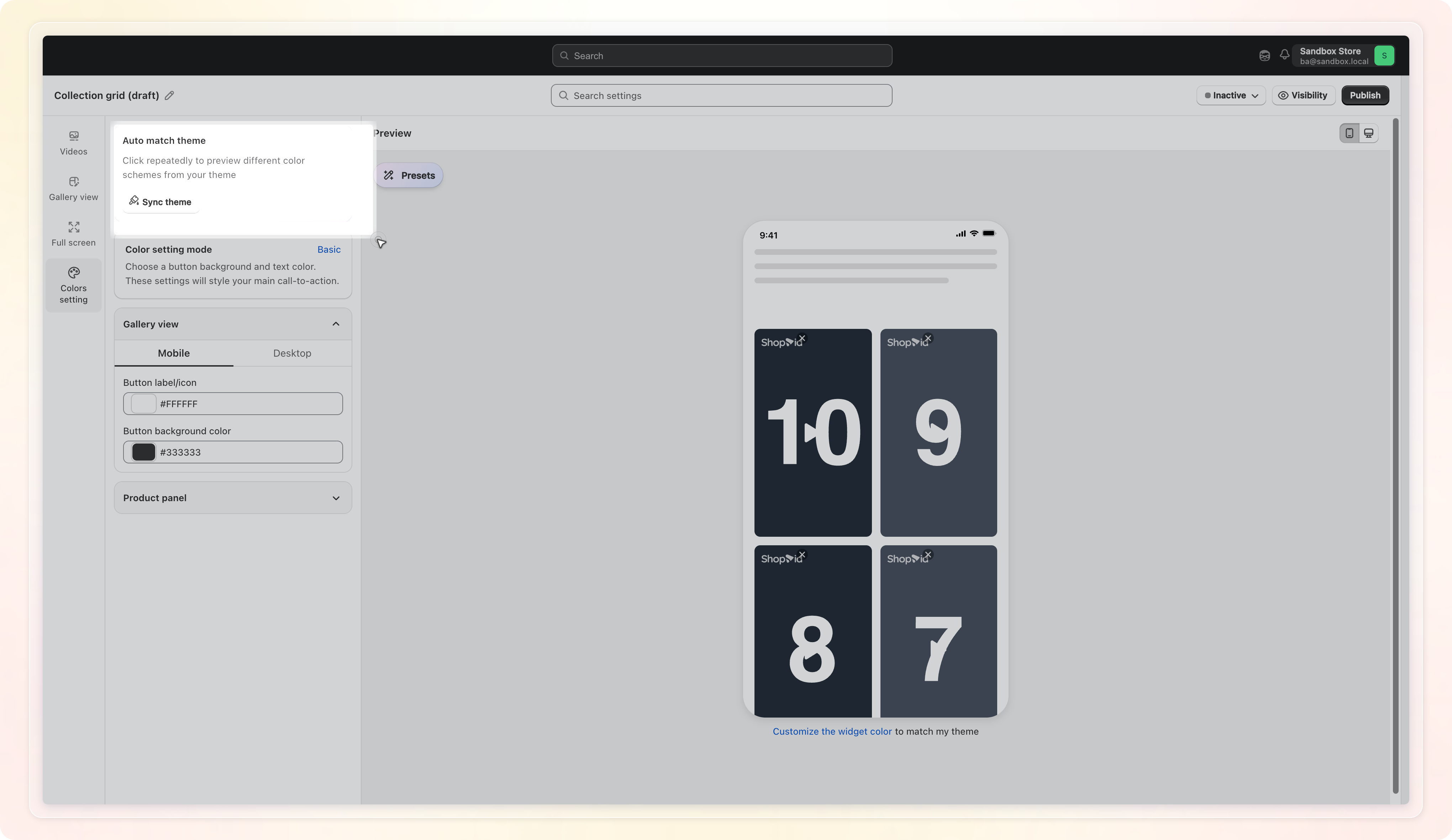 Colors setting tab, Auto match theme panel with the Sync theme button