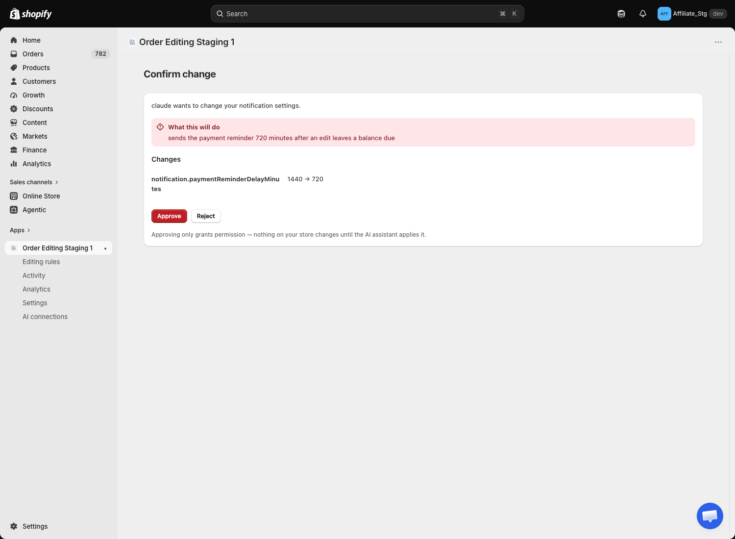 The Confirm change page, showing what the change will do and the before and after values