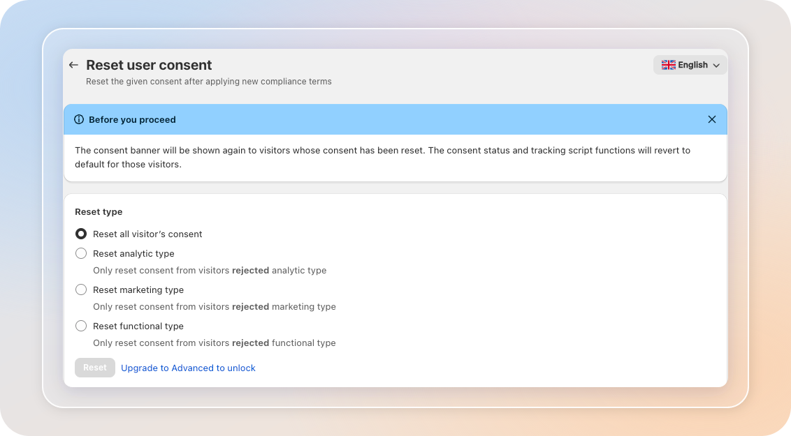 Reset given consent — Before you proceed notice and reset types