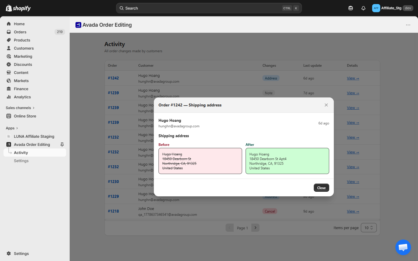 Activity detail modal showing a before/after shipping address diff