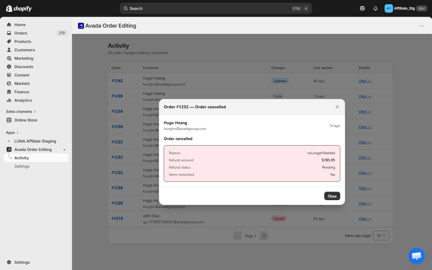 Cancellation detail showing reason, refund amount, refund status, and restock status