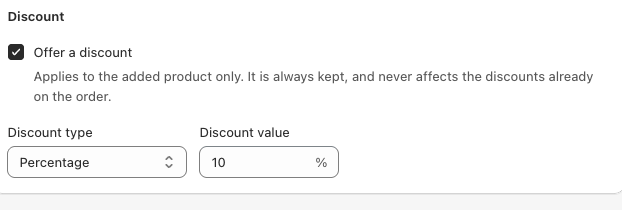 Offer a discount turned on, showing the value field and the percentage or fixed type selector