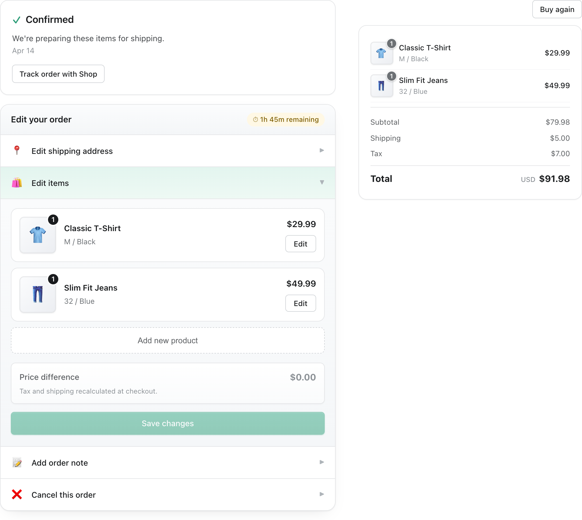 Edit items expanded — line items with Edit buttons, Add new product, and Price difference