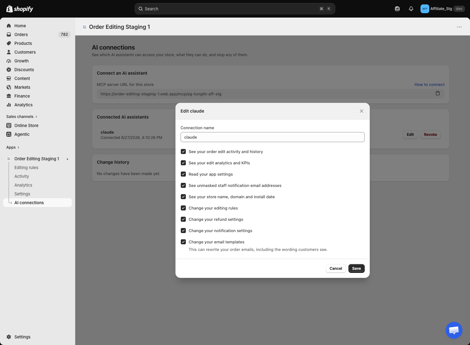 The nine permissions as tick boxes, with the email-template warning