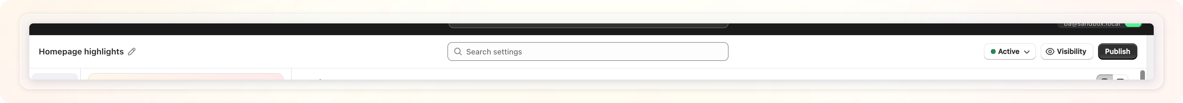 Editor header: rename pencil, Search settings, status dropdown, Visibility, Publish