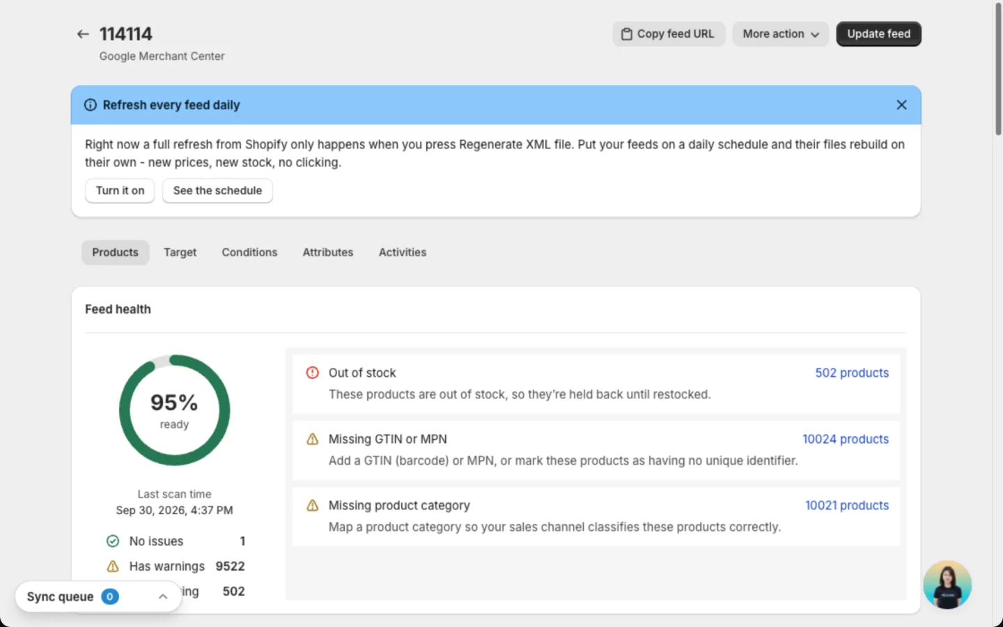 Feed page with the Copy feed URL, More action and Update feed buttons at the top, the tabs and the Feed health card