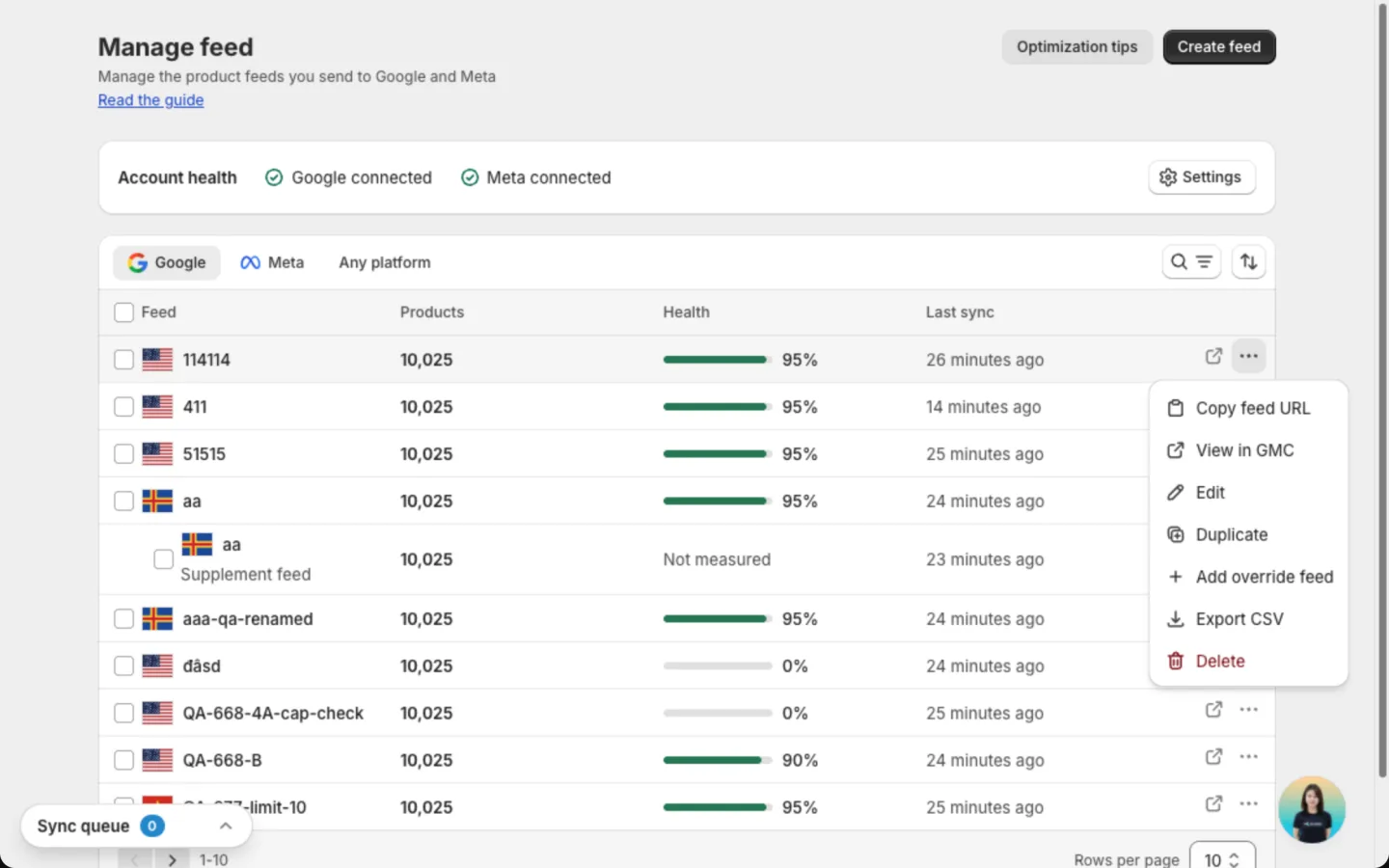 Row menu open on a Google feed with Copy feed URL, View in GMC, Edit, Duplicate, Add override feed, Export CSV and Delete