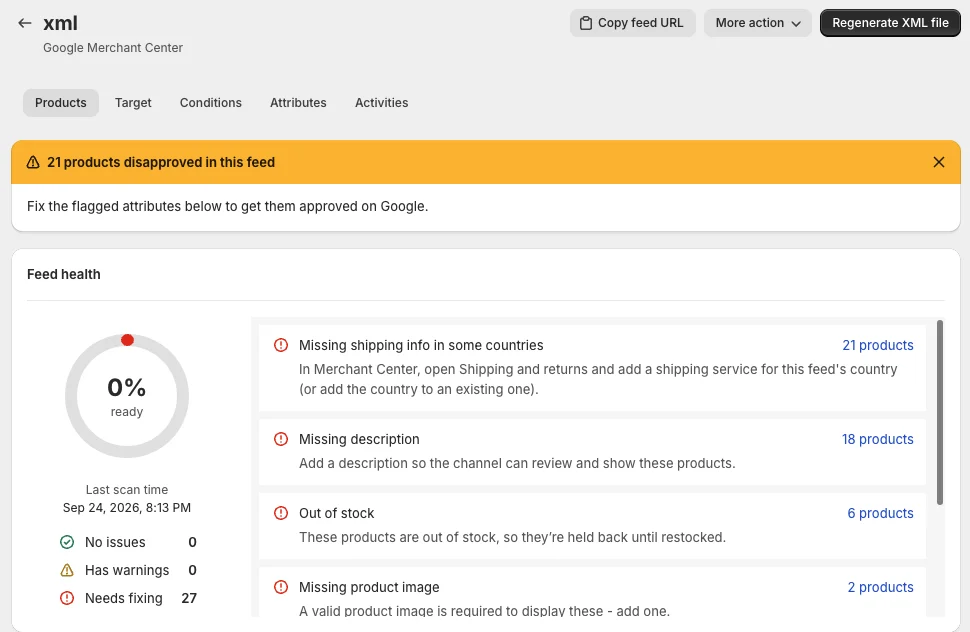 Feed page with Copy feed URL, More action and Regenerate XML file at the top, and the Feed health card with its top issues