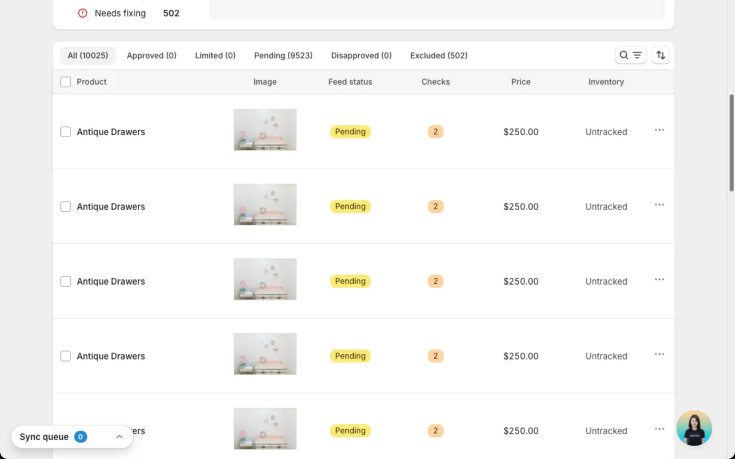 Product table with status tabs and filters