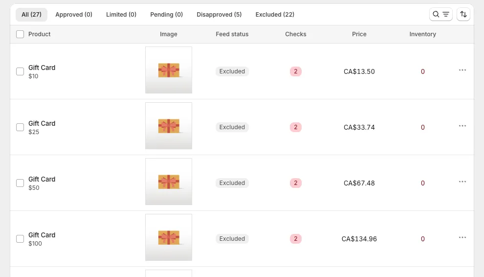 Product table with status tabs and filters