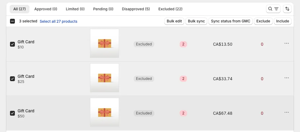 Selected products with the bulk action bar