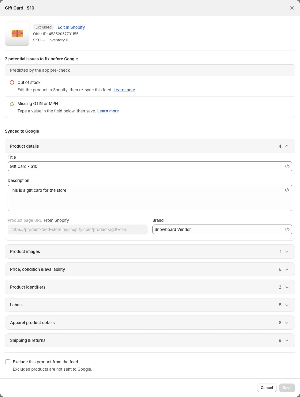 View and edit window for one product with its issues at the top