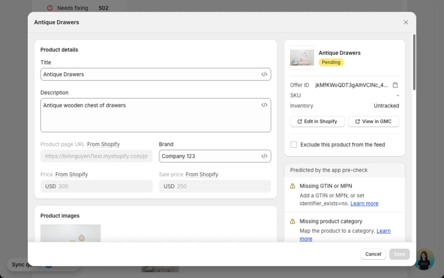 View and edit window for one product, with its fields at the left and its status, Offer ID, Edit in Shopify and View in GMC buttons and predicted issues at the right