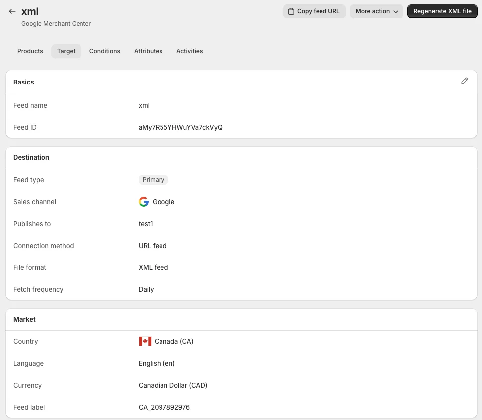 Target tab with the Basics, Destination and Market cards