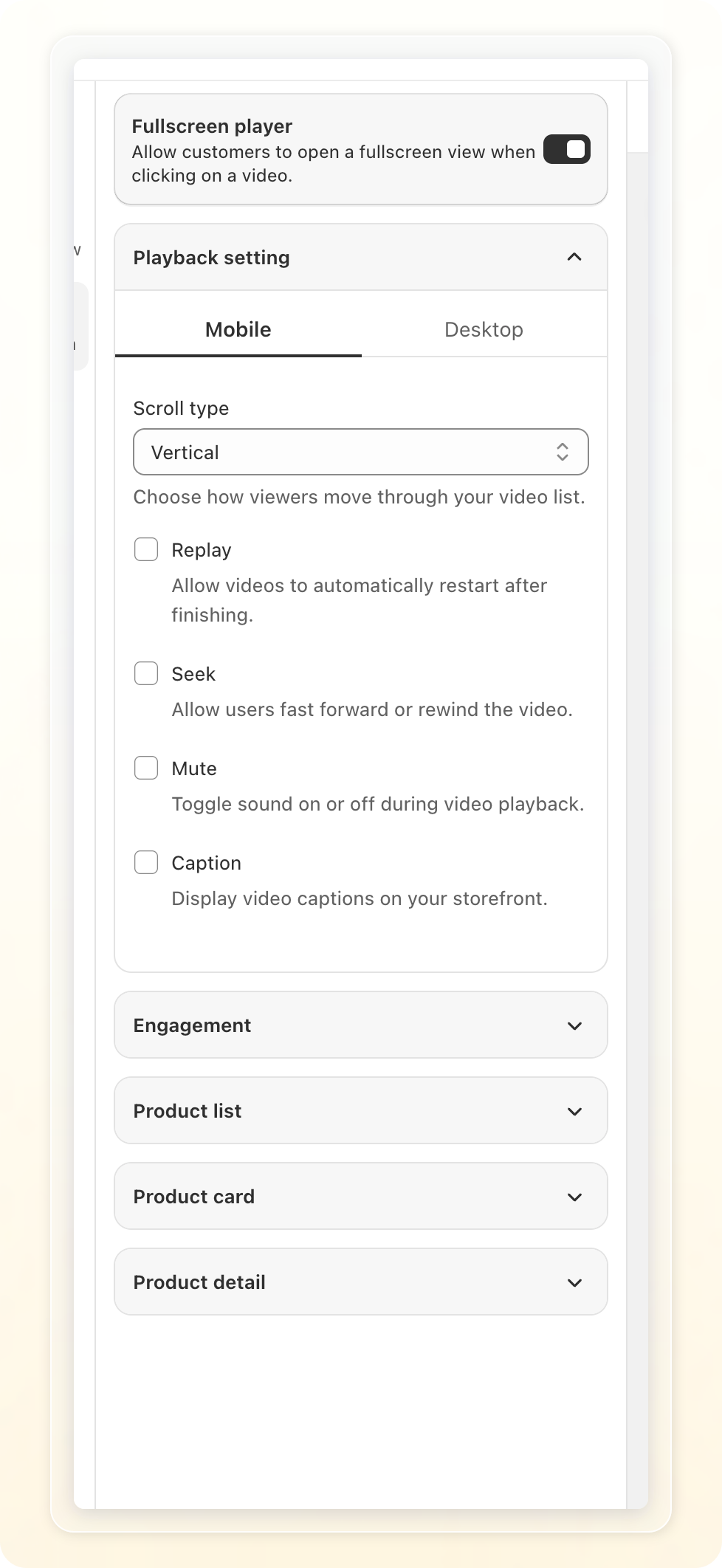 Full Screen tab: Fullscreen player toggle, Playback setting expanded, and the Engagement/Product list/Product card/Product detail accordions