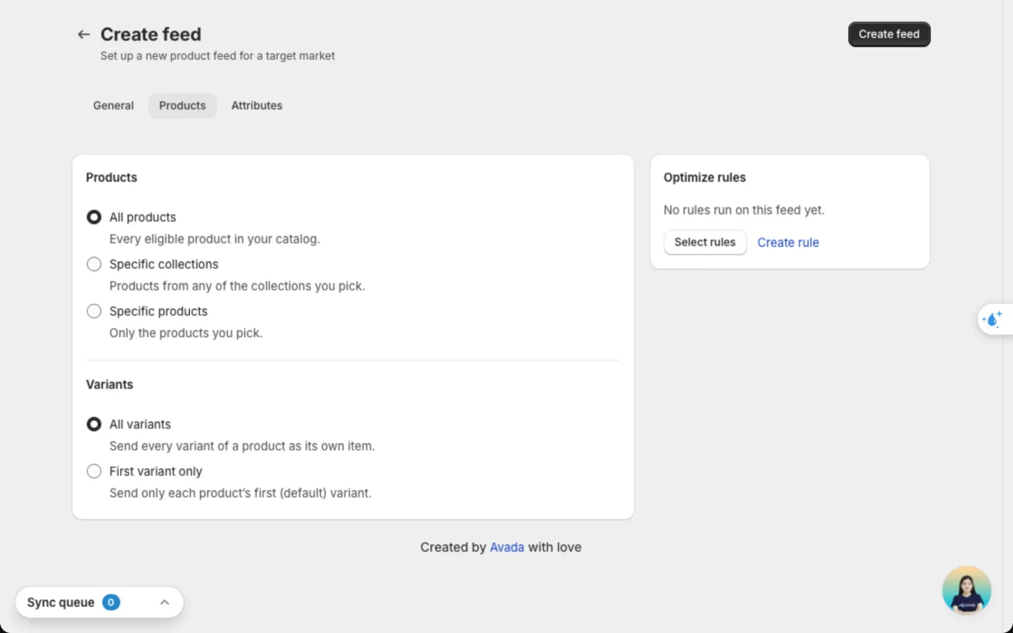 Products tab with All products and All variants selected, and the Optimize rules card