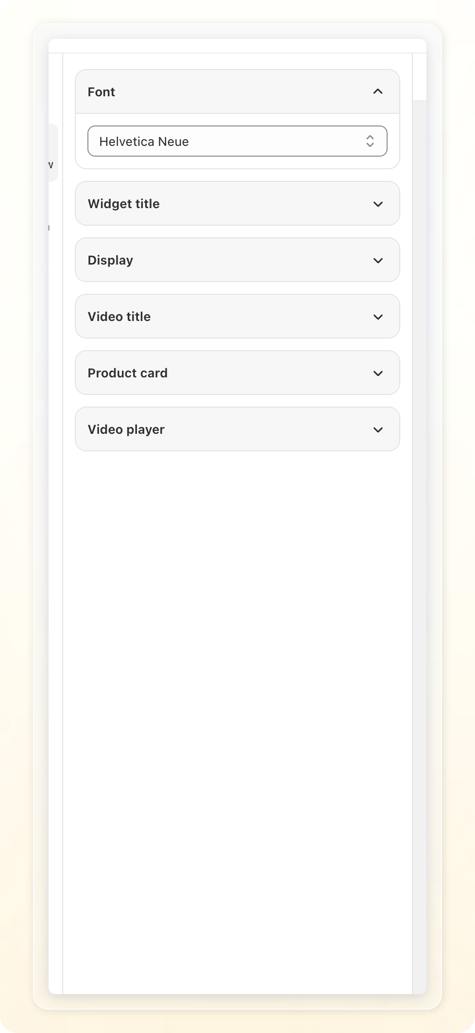 Gallery View tab accordion list: Font, Widget title, Display, Video title, Product card, Video player