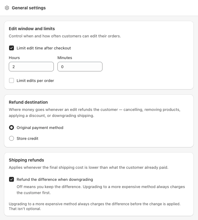 Edit window and limits card, with Limit edit time after checkout ticked