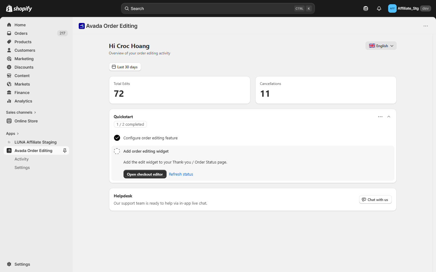 Avada Order Editing home dashboard