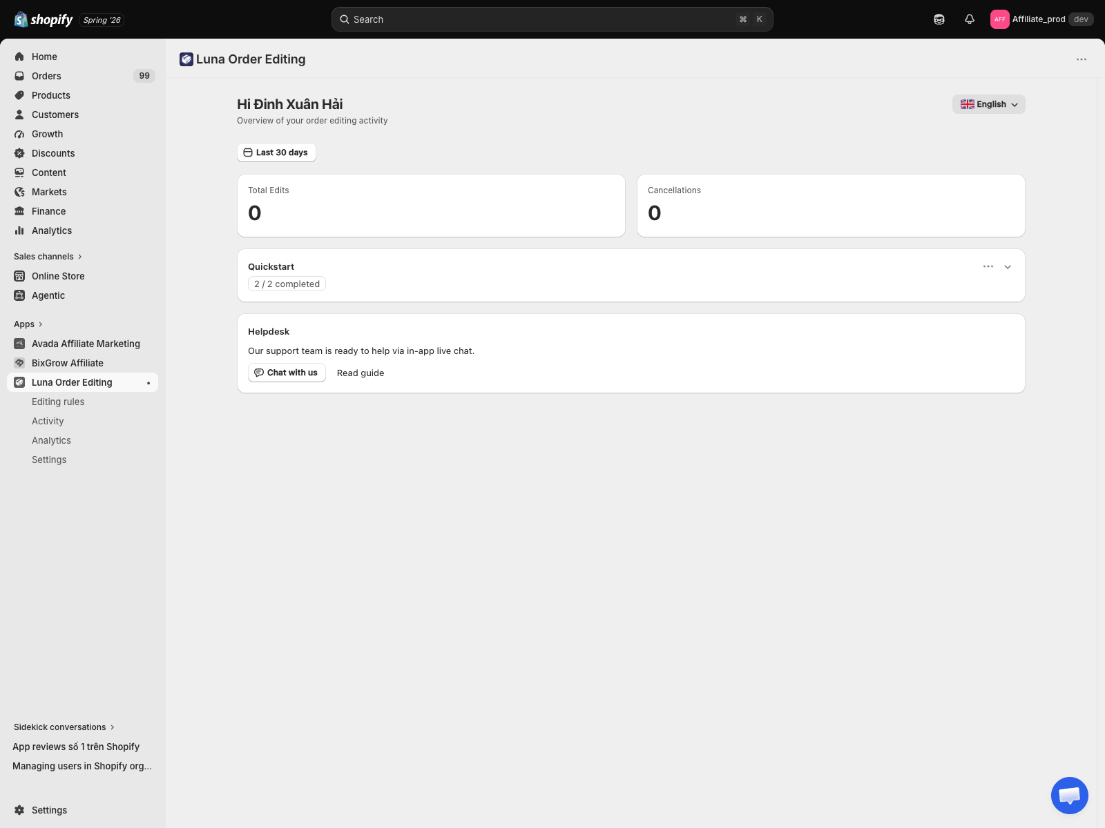 Luna Order Editing home dashboard