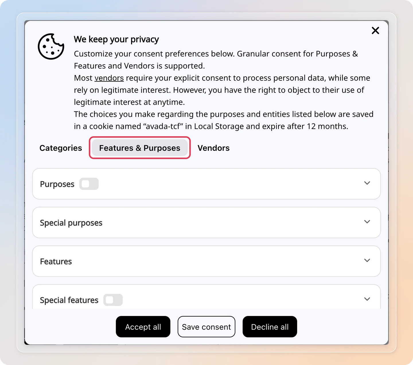 Features & Purposes tab in the TCF preferences dialog