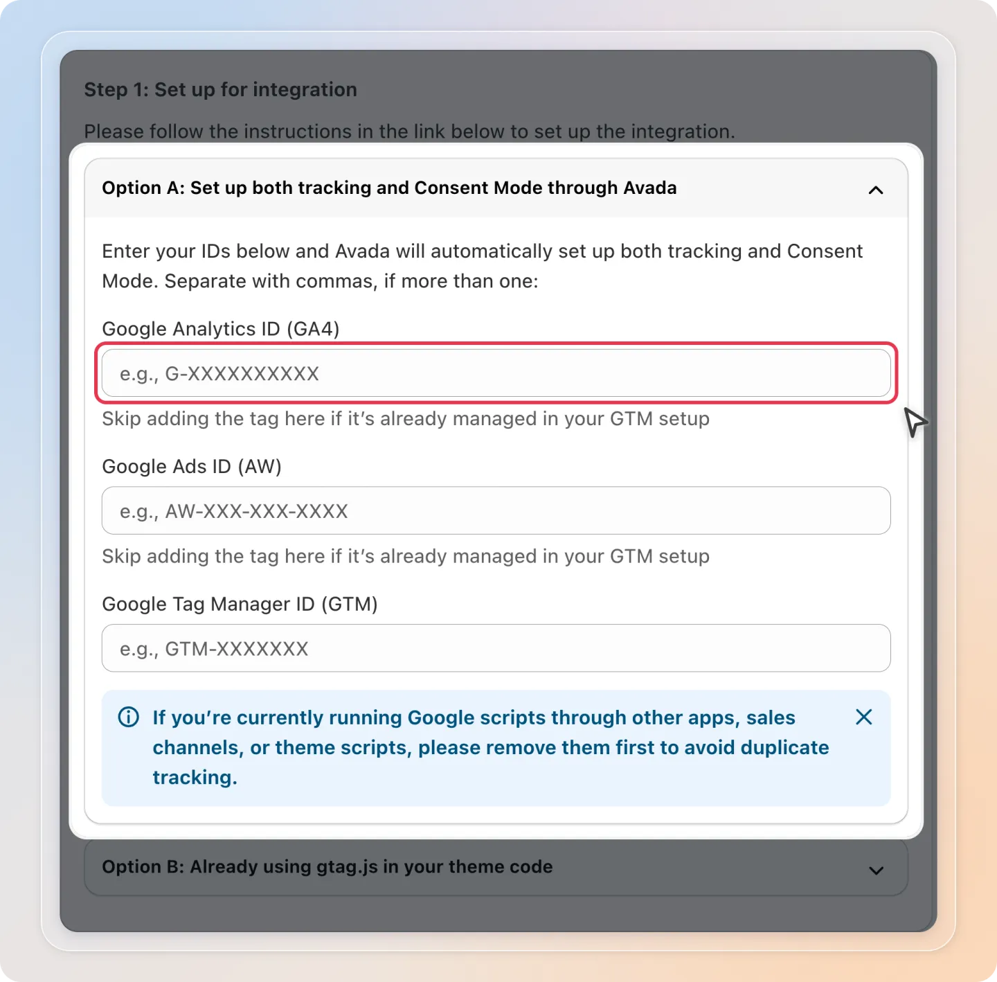 Enter your Google IDs in Option A