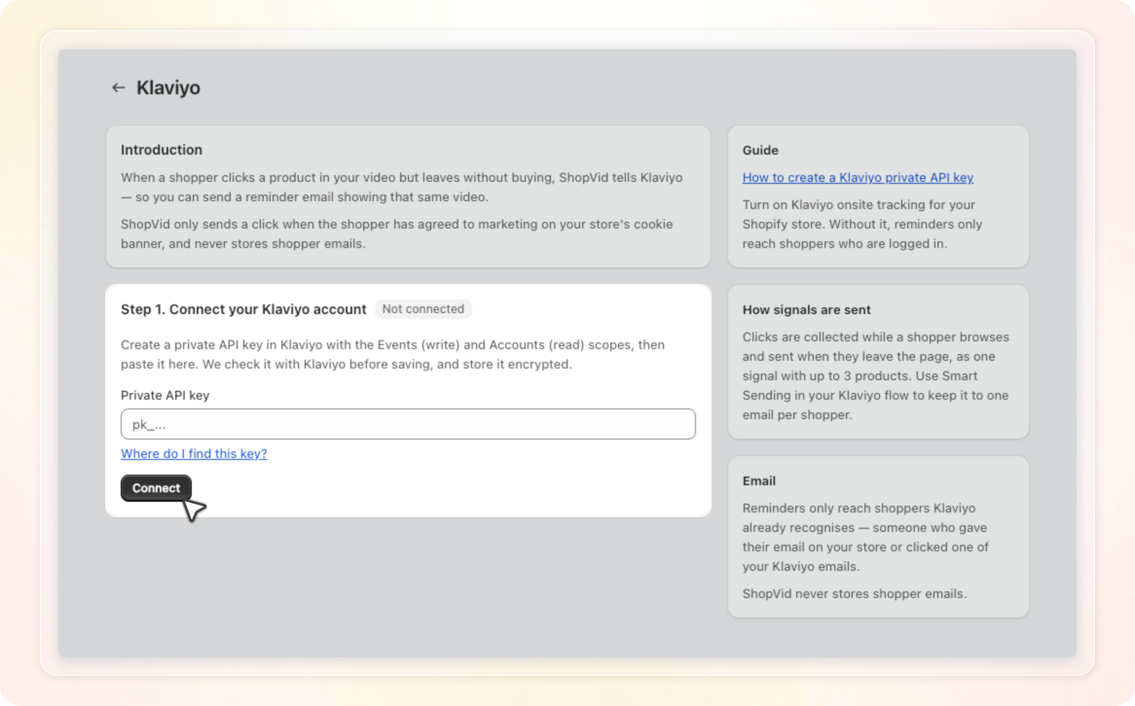 Klaviyo page in Shopvid with the Private API key field and the Connect button
