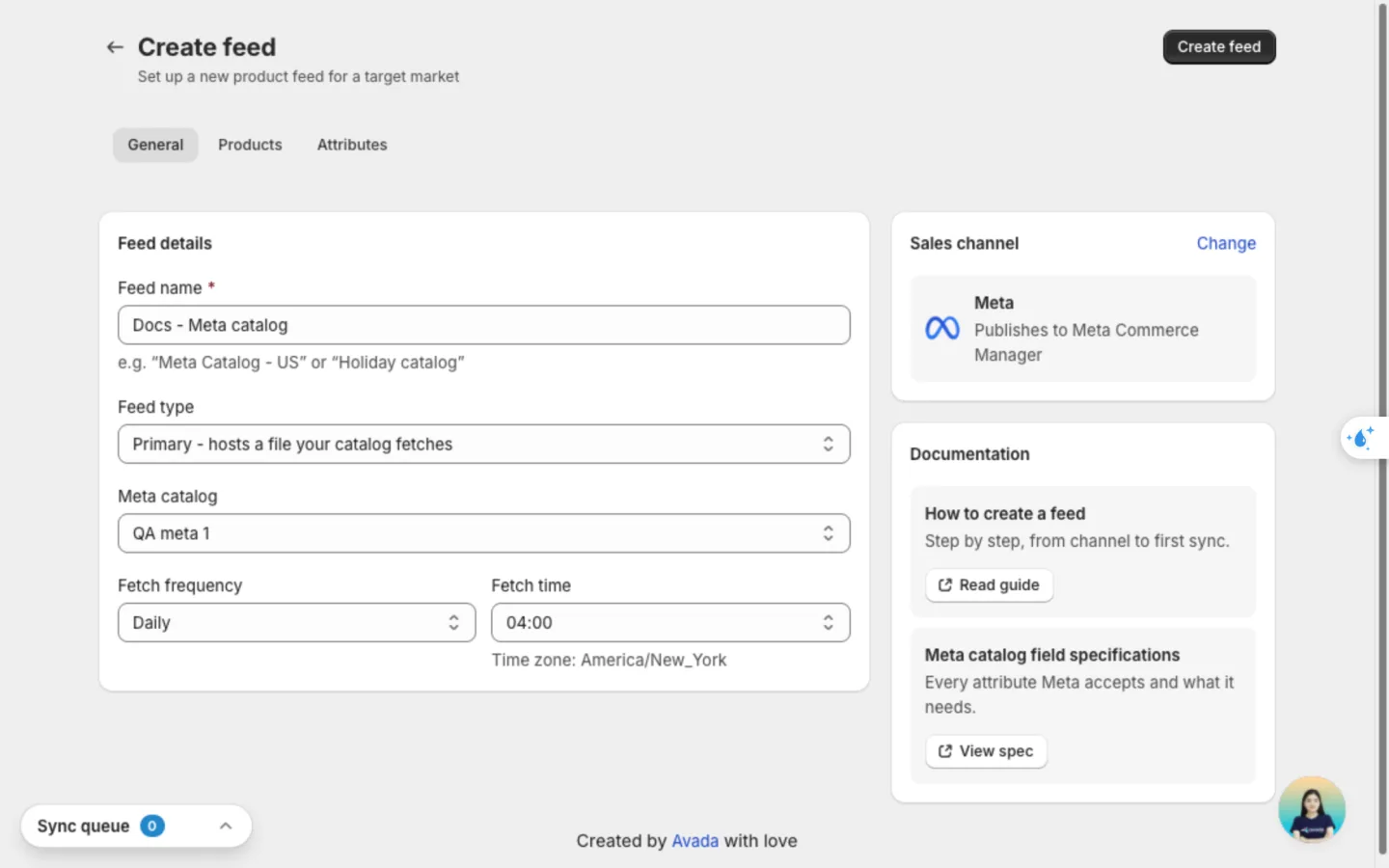 General tab of a Meta feed with the feed name, feed type, Meta catalog and fetch schedule