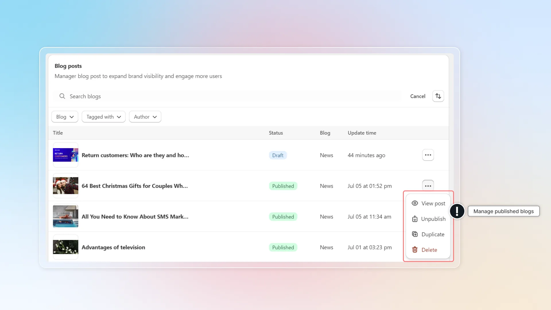 Manage published blogs