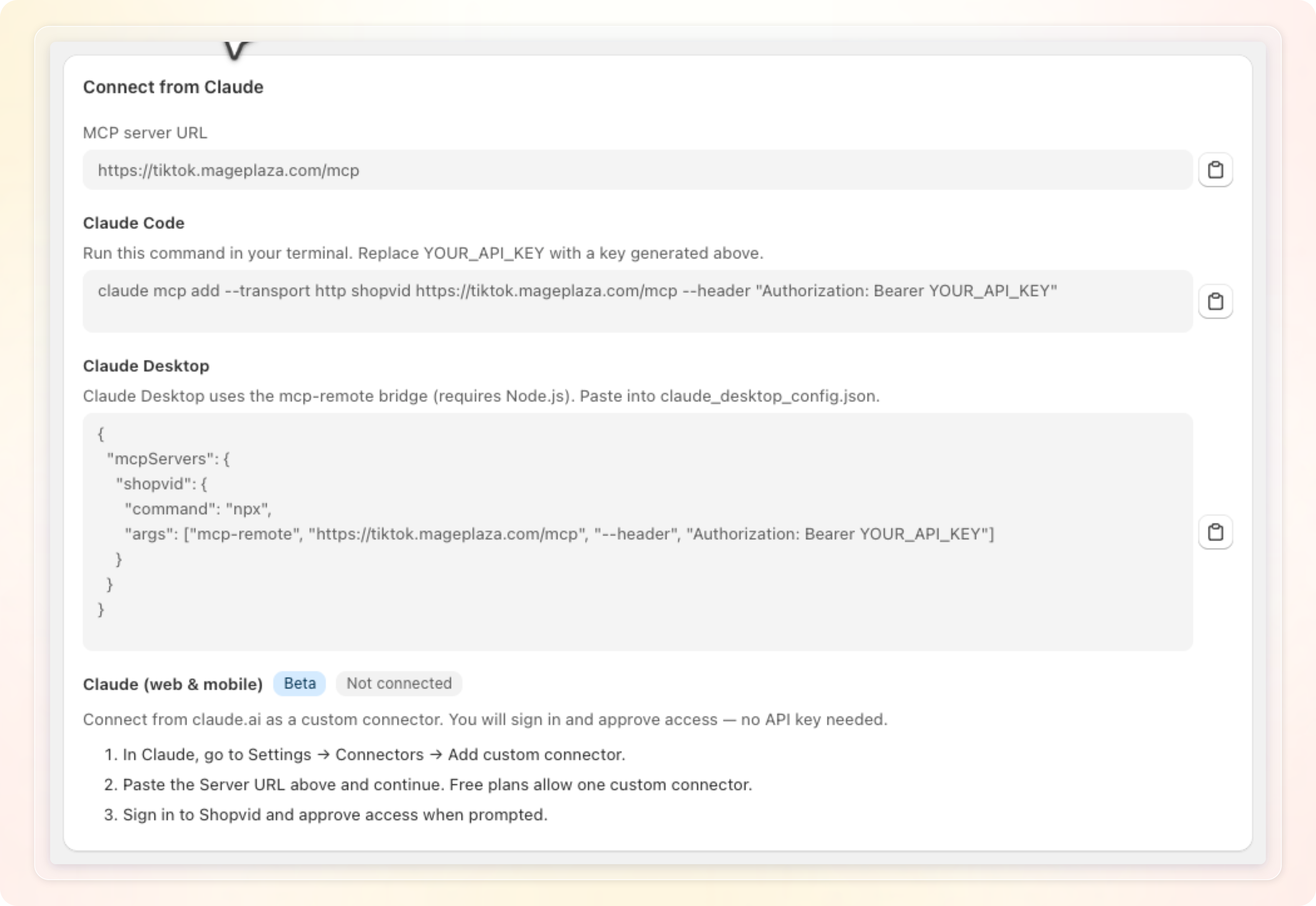 Connect from Claude card with the server URL and the client snippets