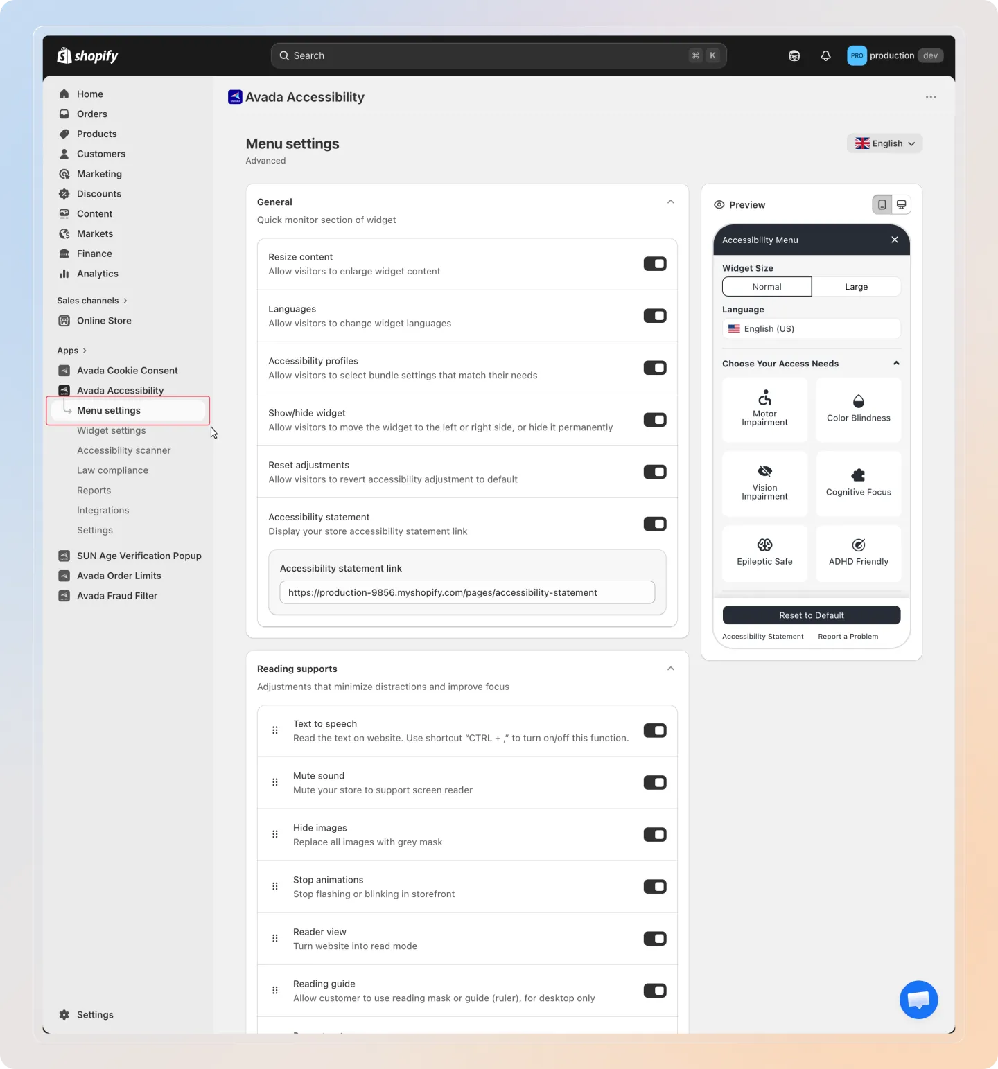 Menu settings overview