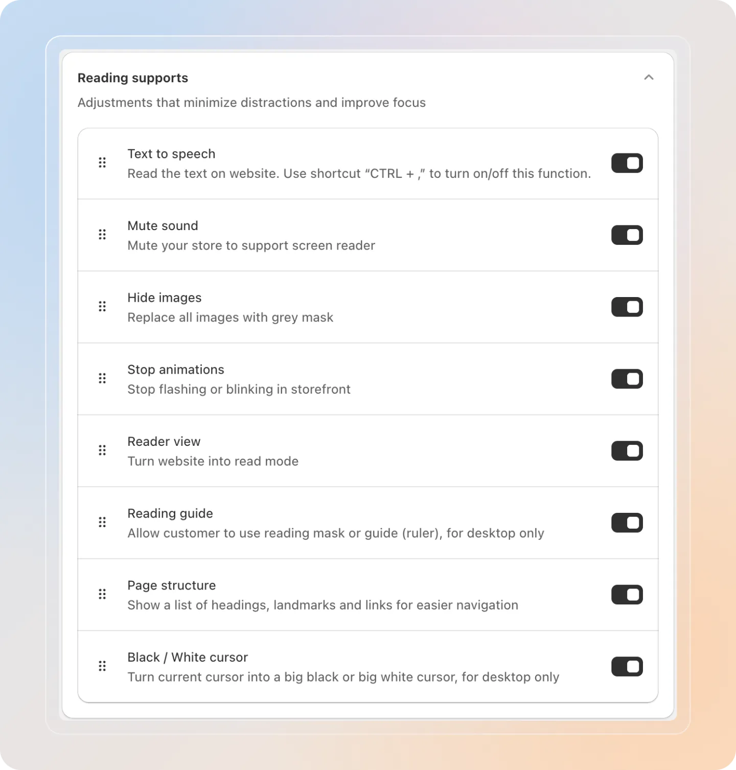 Reading Supports settings