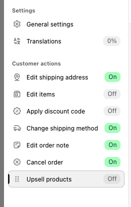 The Upsell products row in the Editing rules rule list, badged Off
