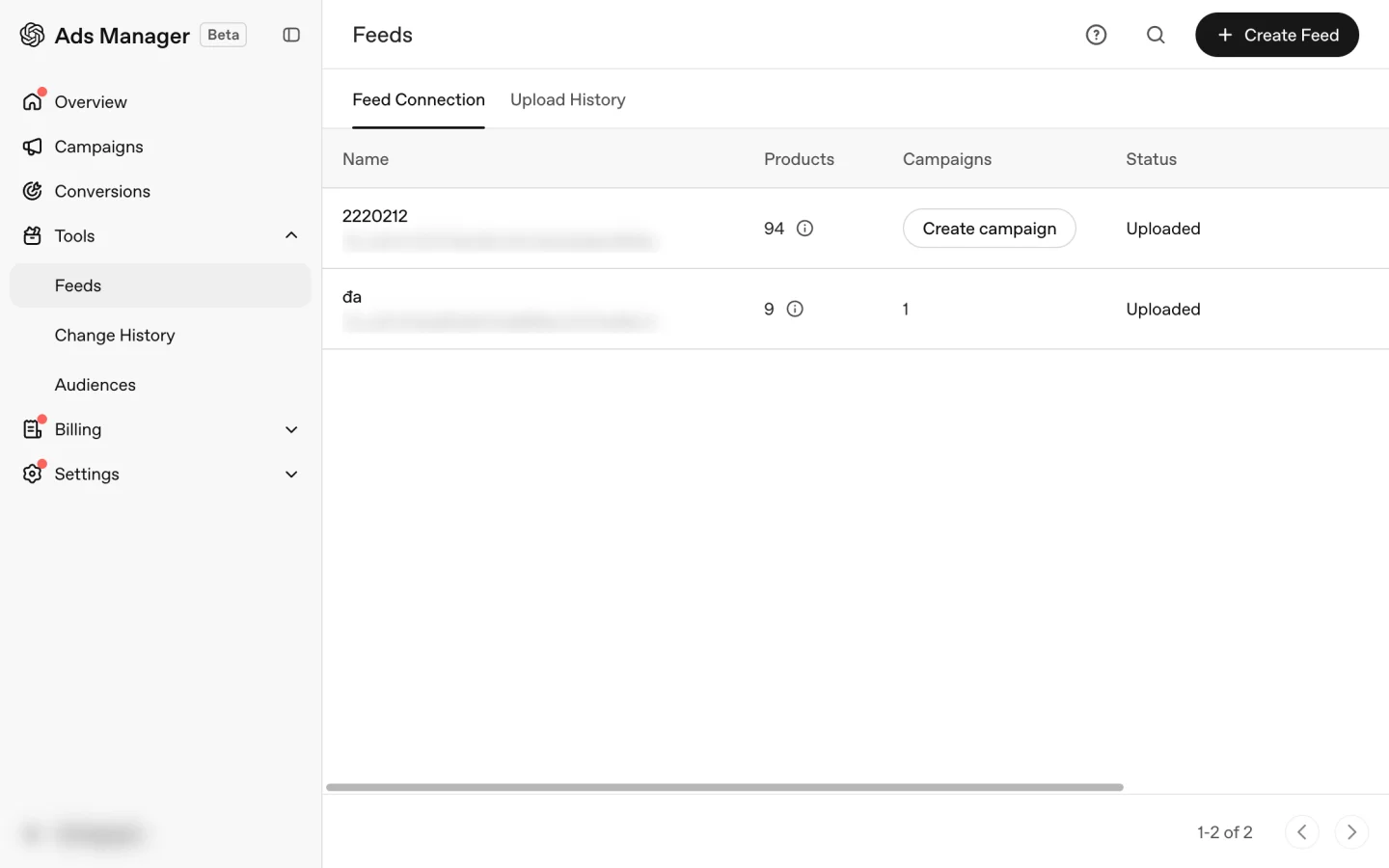 ChatGPT Ads Manager Feeds page with feeds, product counts and Uploaded status