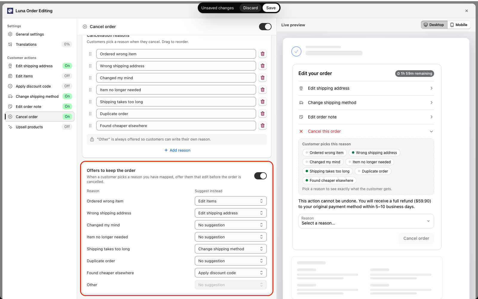 The Offers to keep the order card in the Cancel order panel, with reasons mapped to suggestions