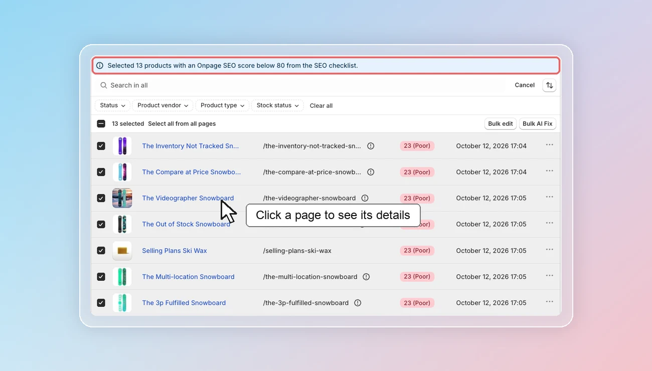 On-page SEO - pages scoring below 80