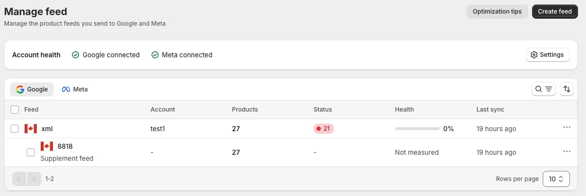 Manage feed list on the Google tab, with a main feed, its supplement feed and the Status, Health and Last sync columns