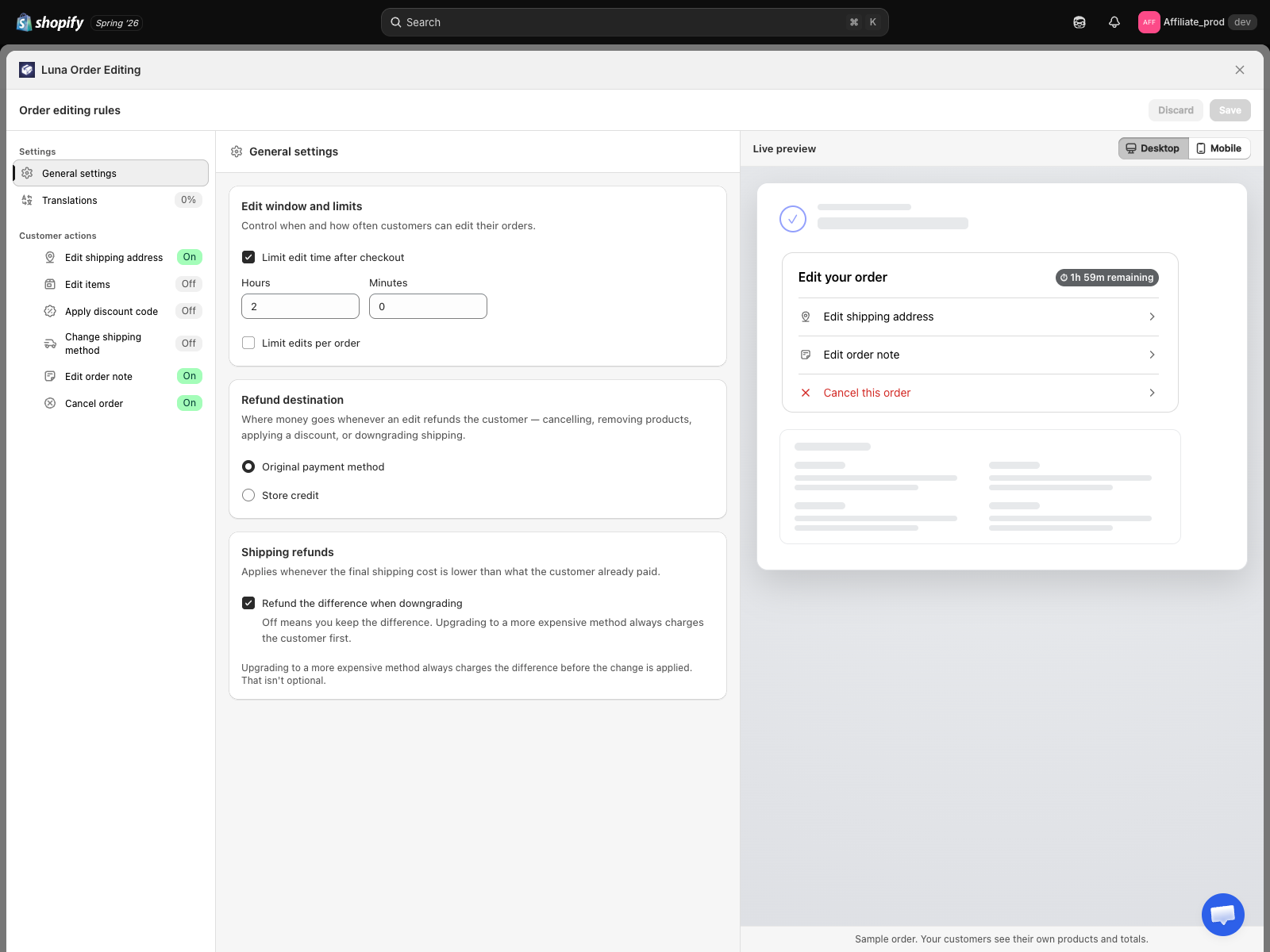 The Order editing rules editor, with General settings open and the live preview on the right